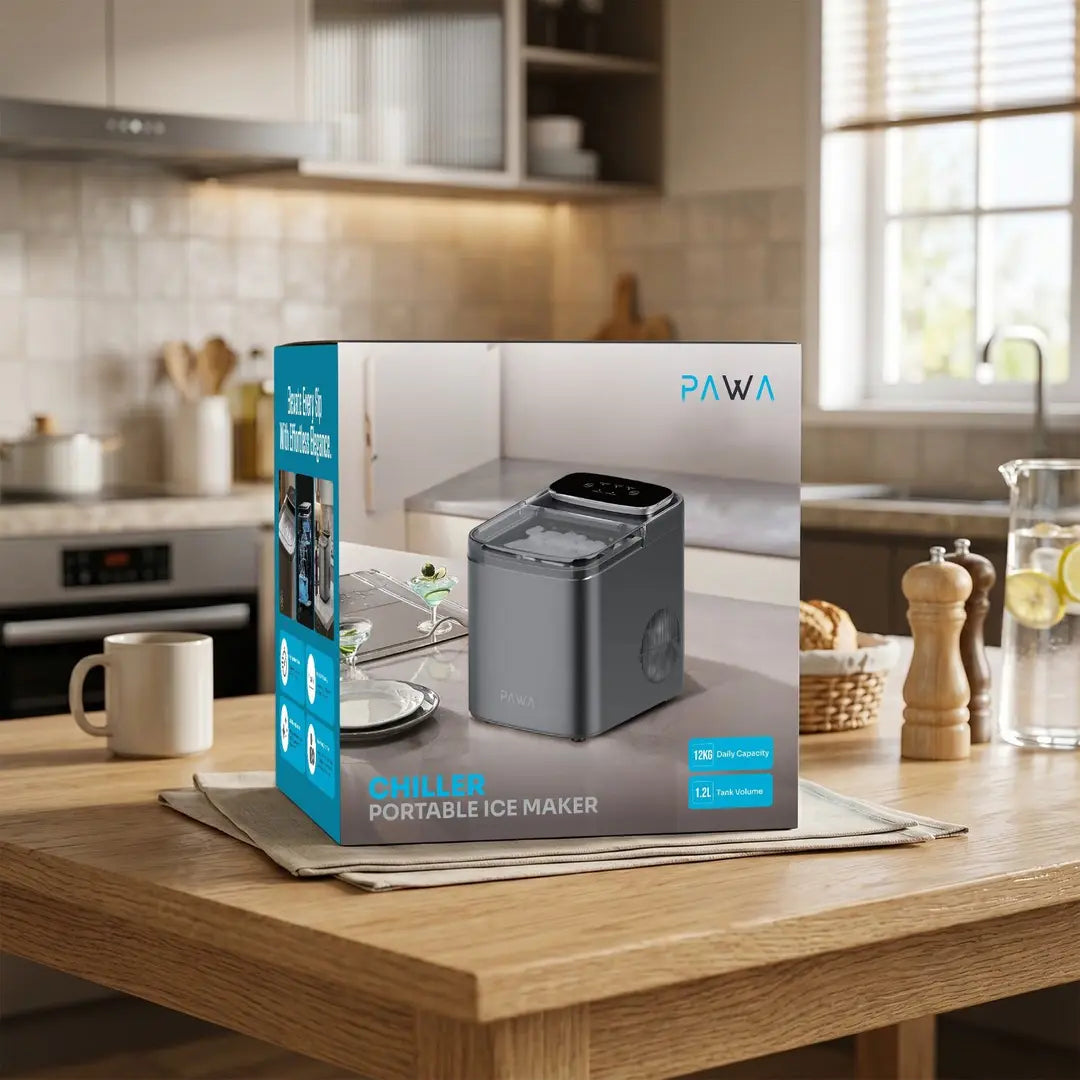 5  |  5  Pawa PW-CPIM1226-BK ice maker with a 12 kg/day capacity and a 1.2 liter tank, featuring rapid cooling technology