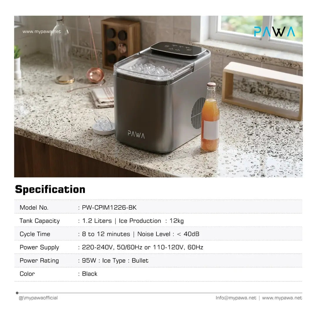 5  |  5  Pawa PW-CPIM1226-BK ice maker with a 12 kg/day capacity and a 1.2 liter tank, featuring rapid cooling technology