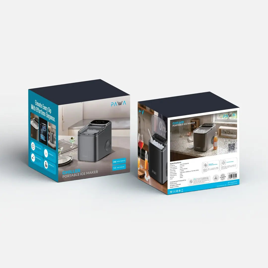 5  |  5  Pawa PW-CPIM1226-BK ice maker with a 12 kg/day capacity and a 1.2 liter tank, featuring rapid cooling technology