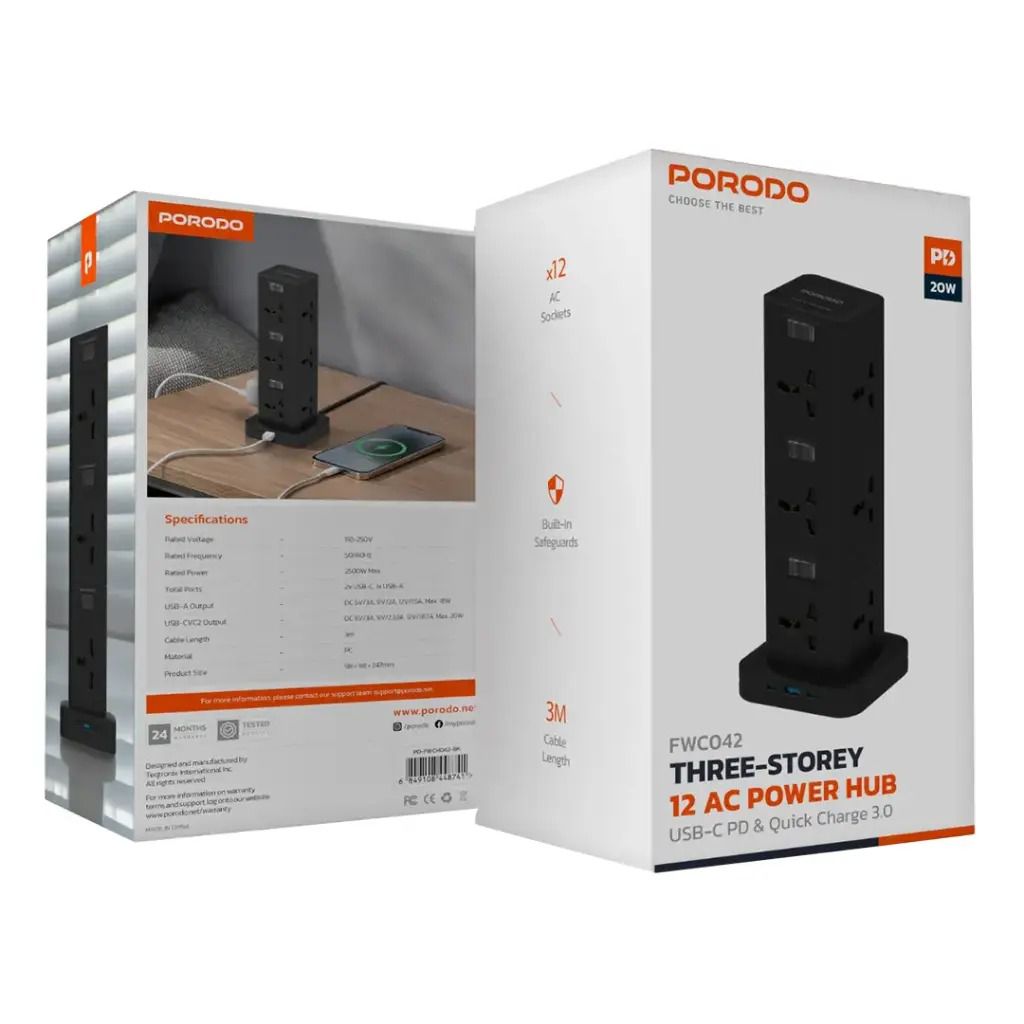 Porodo  Three-Story 12AC Power Hub  With USB-C PD & Quick Charge 3.0 [O] - موزع شاحن حائط - 12 فتحات للكهرباء - 1 فتحات يو اس بي - 2 فتحة تايب سي - طول 3 متر - 12 في 1 - كفالة 12 شهر