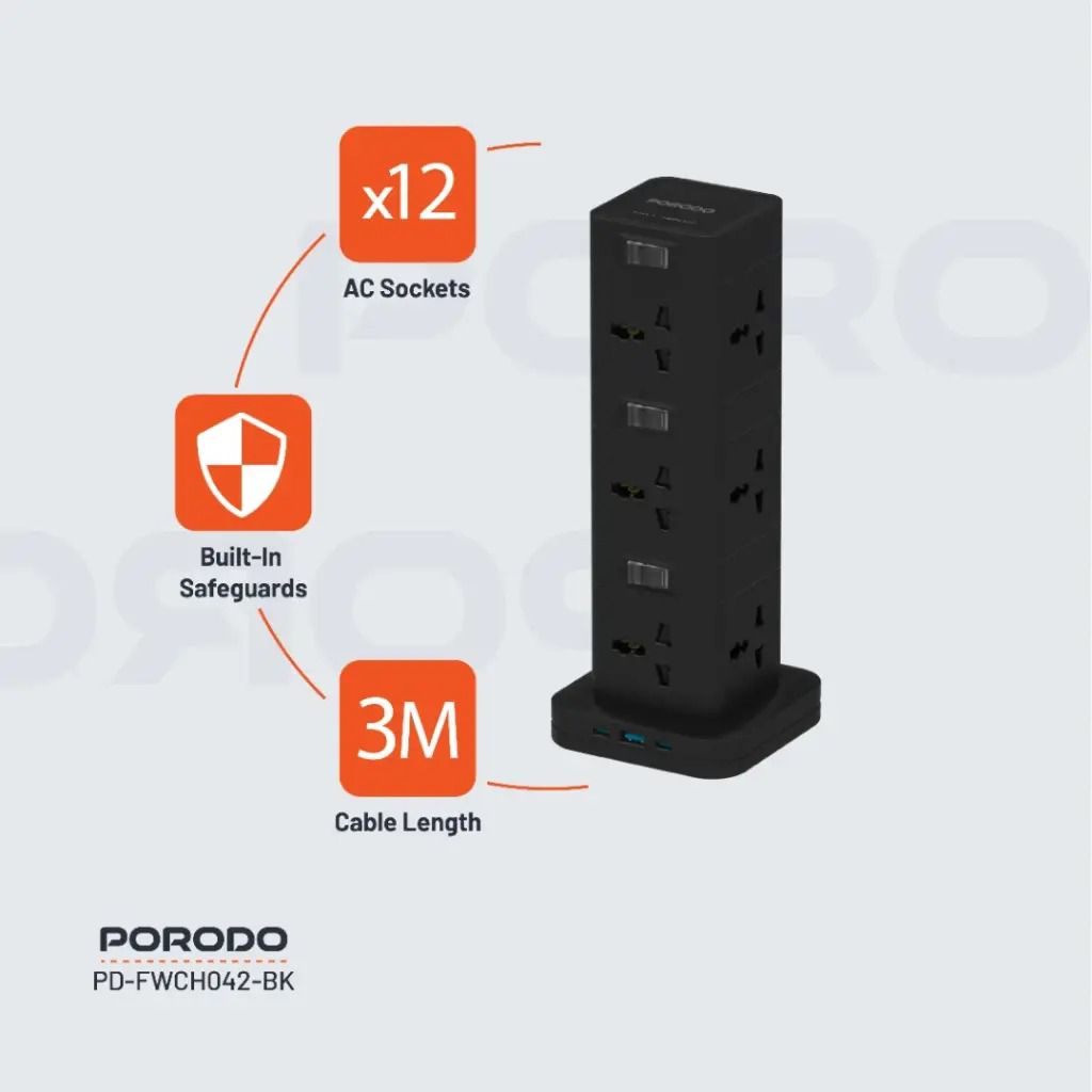 Porodo  Three-Story 12AC Power Hub  With USB-C PD & Quick Charge 3.0 [O] - موزع شاحن حائط - 12 فتحات للكهرباء - 1 فتحات يو اس بي - 2 فتحة تايب سي - طول 3 متر - 12 في 1 - كفالة 12 شهر