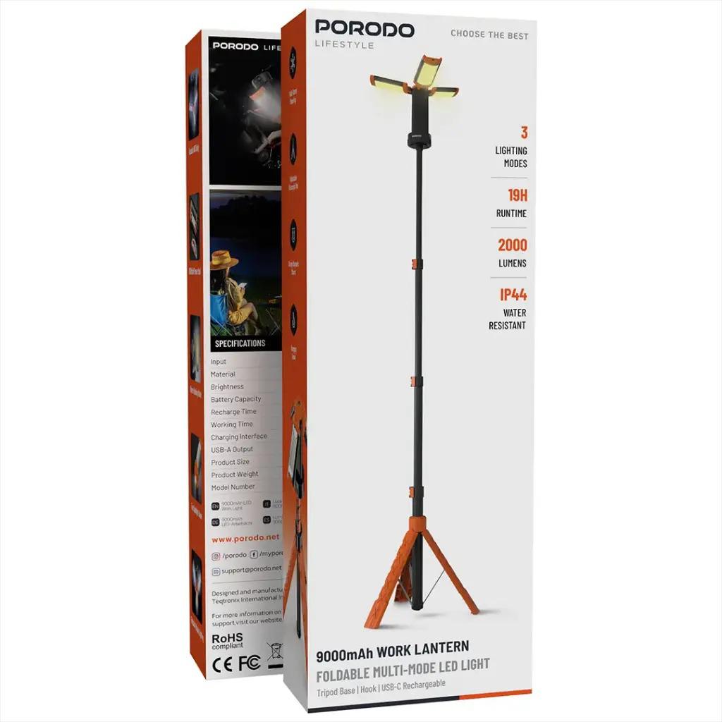 Porodo Lifestyle 9000mAh Work Lantern Foldable Multi-Mode LED Light [O]- مصباح عمل بورودو لايف ستايل 9000 مللي أمبير قابل للطي - كفالة 24 شهر