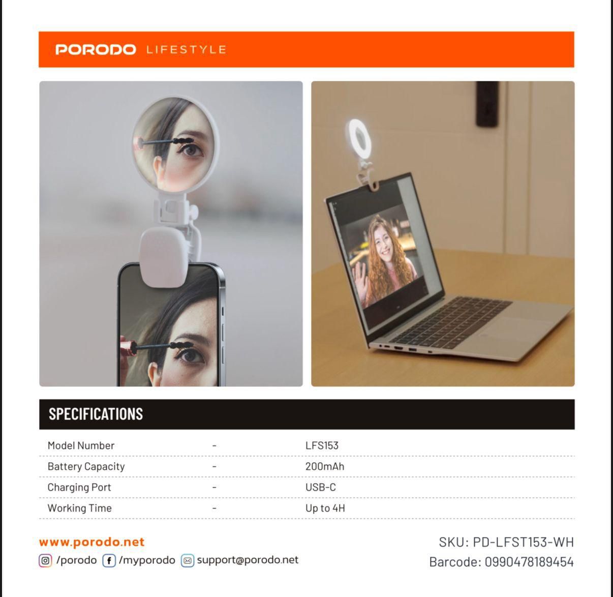 Porodo Lifestyle Clip-On Mirror Fill Light - اضاءة - للتصوير - متوافقة مع جميع الاجهزة