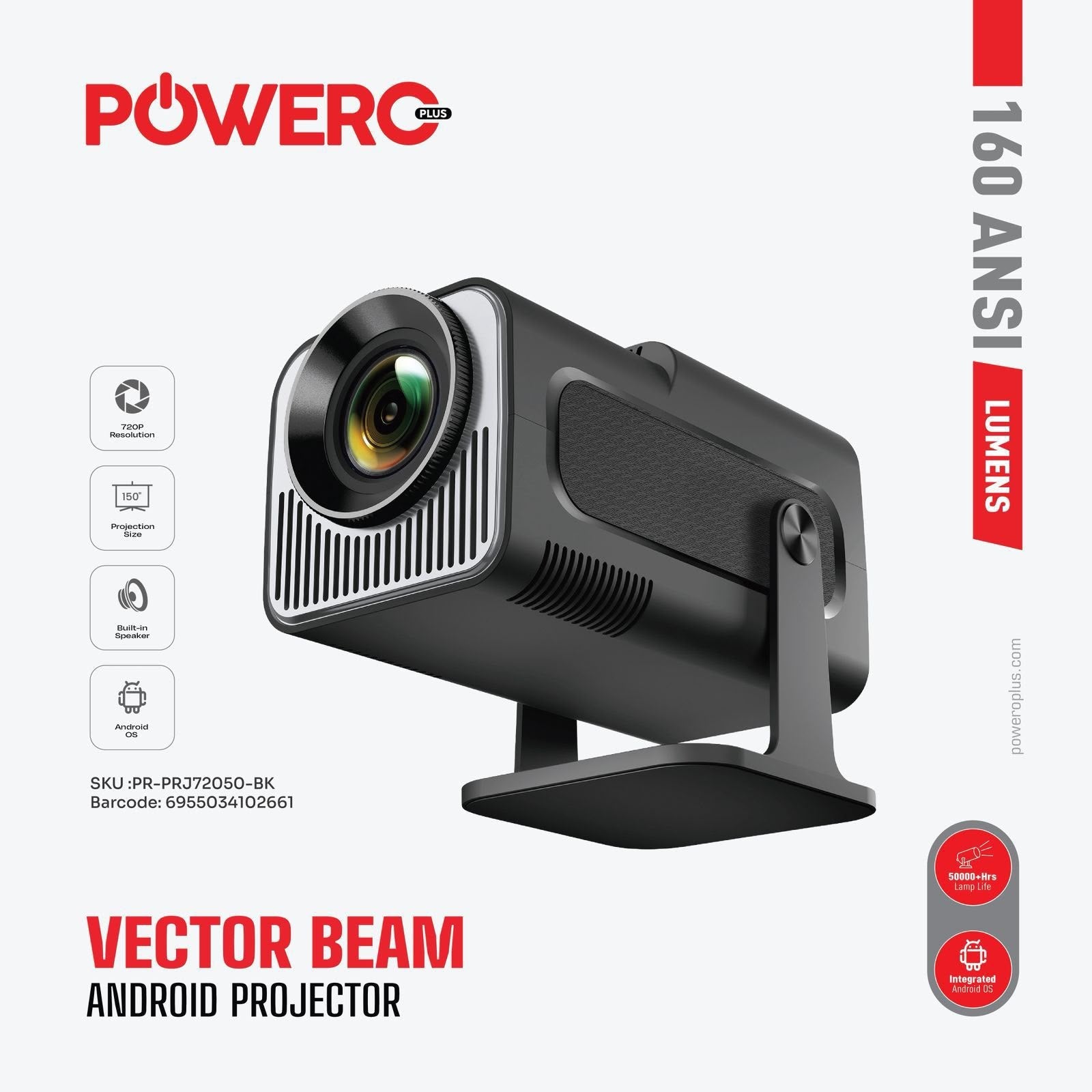 PowerO+ Vector Beam Android Projector with 160ANSI Lumens [O] - بروجكتور متنقل - باورو - كفالة 24 شهر