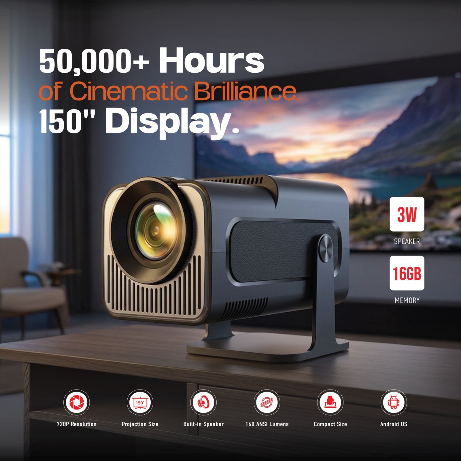 PowerO+ Vector Beam Android Projector with 160ANSI Lumens [O] - بروجكتور متنقل - باورو - كفالة 24 شهر