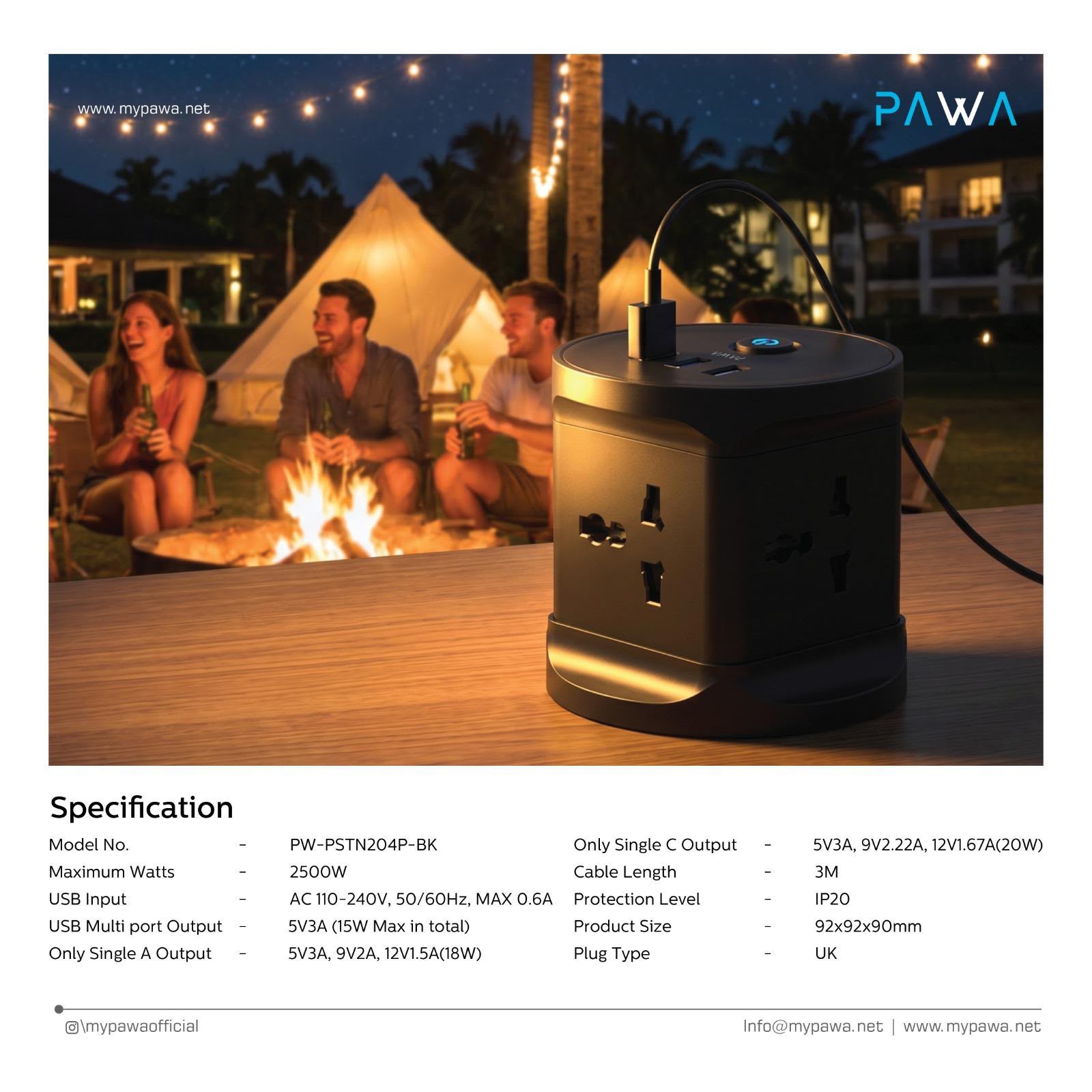 Pawa GaN-Tower Powerstrip 2500W [O] -  موزع شحن  2500 واط  - 4 منفذ كهرباء + 1 منفذين تايب سي - قوة 20 واط - 2 منفذين يو اس بي اي - كفاله 24 شهر