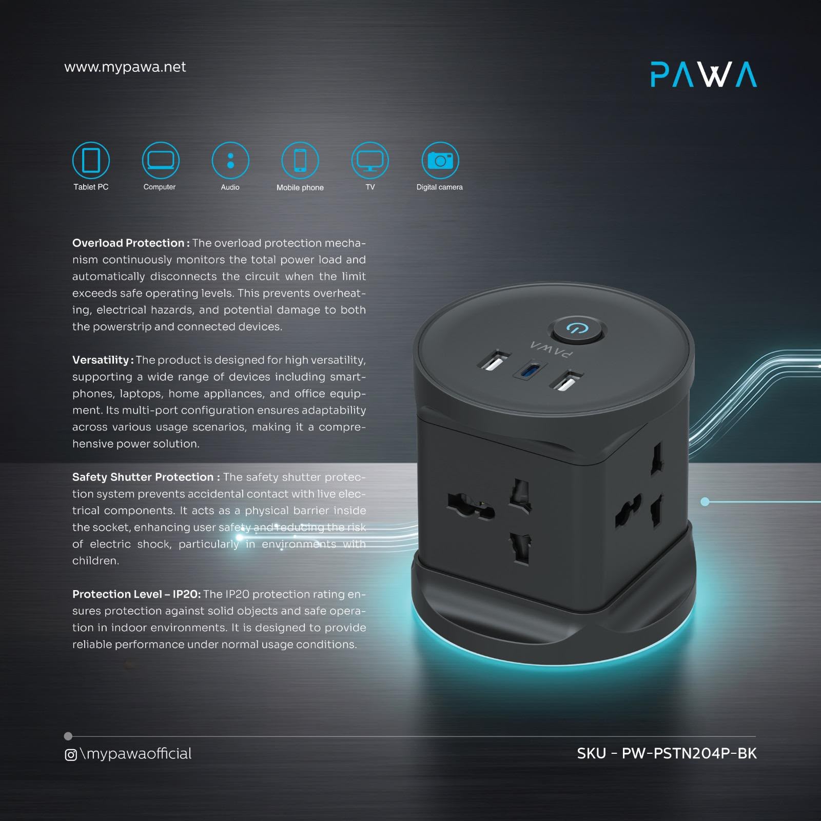 Pawa GaN-Tower Powerstrip 2500W [O] -  موزع شحن  2500 واط  - 4 منفذ كهرباء + 1 منفذين تايب سي - قوة 20 واط - 2 منفذين يو اس بي اي - كفاله 24 شهر
