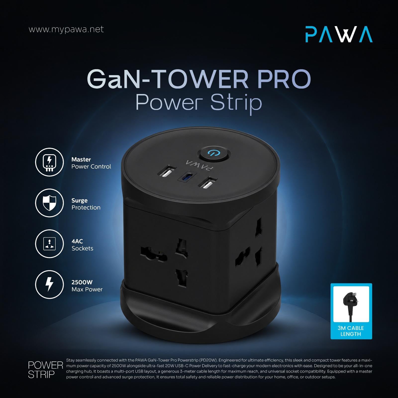 Pawa GaN-Tower Powerstrip 2500W [O] -  موزع شحن  2500 واط  - 4 منفذ كهرباء + 1 منفذين تايب سي - قوة 20 واط - 2 منفذين يو اس بي اي - كفاله 24 شهر