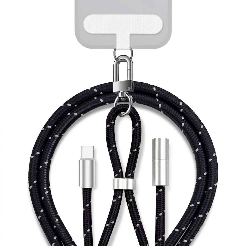 Aspor A078 phone strap braided lanyard & 100w fast-charging cable [H] - خيط علاقة - 2 في 1 - سلك شحن تايب سي الى تايب سي - قوة 100واط - يمكنكم اختيار مع كفر شفاف او بدون كفر فقط خيط علاقة