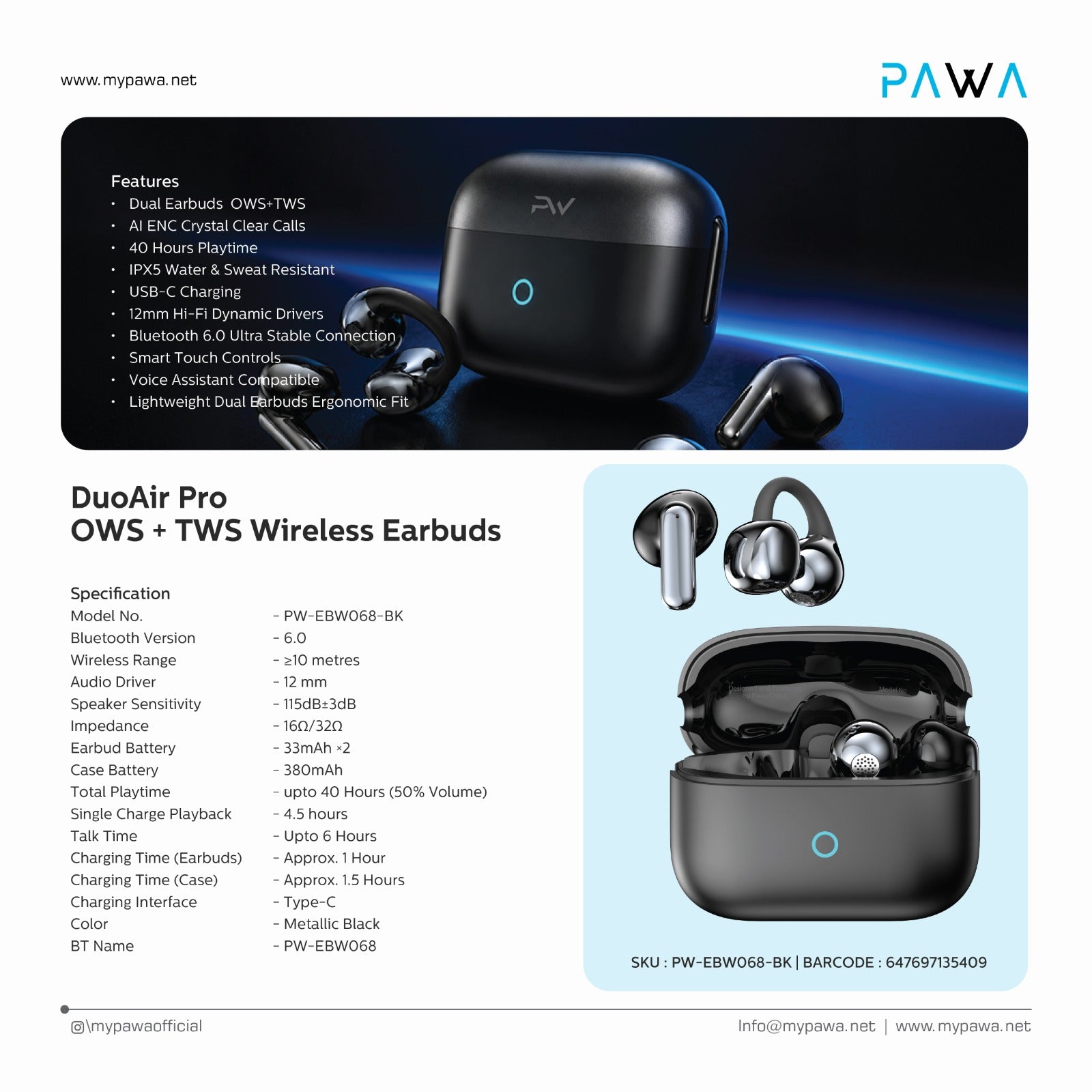 Pawa DuoAir Pro OWS+TWS Wireless Earbuds.