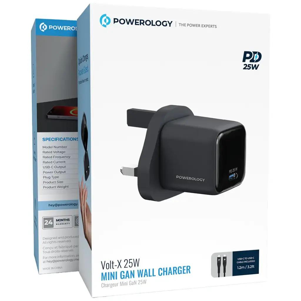 Powerology Volt-X 25W Mini Gan Wall Charger Charger Mini Gan 25W With C to C Cable [O] - شاحن حائط تايب سي - سلك شحن تايب سي - باورولوجي - قوة 25 واط - كفالة 12 شهر