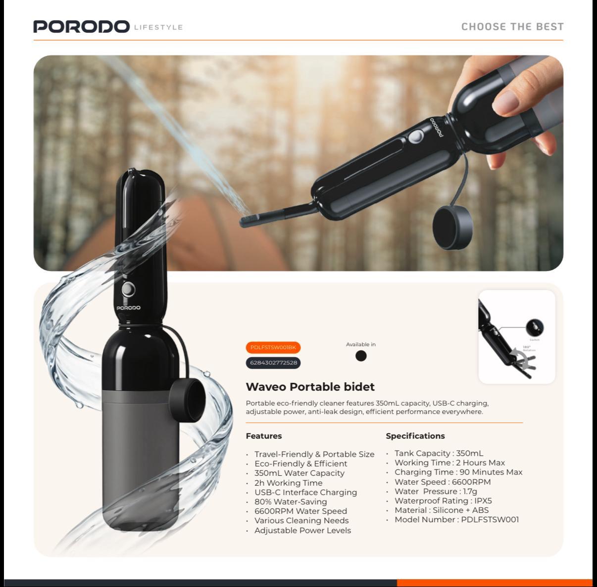 PORODO WAVEO PORTABLE BIDET - Black