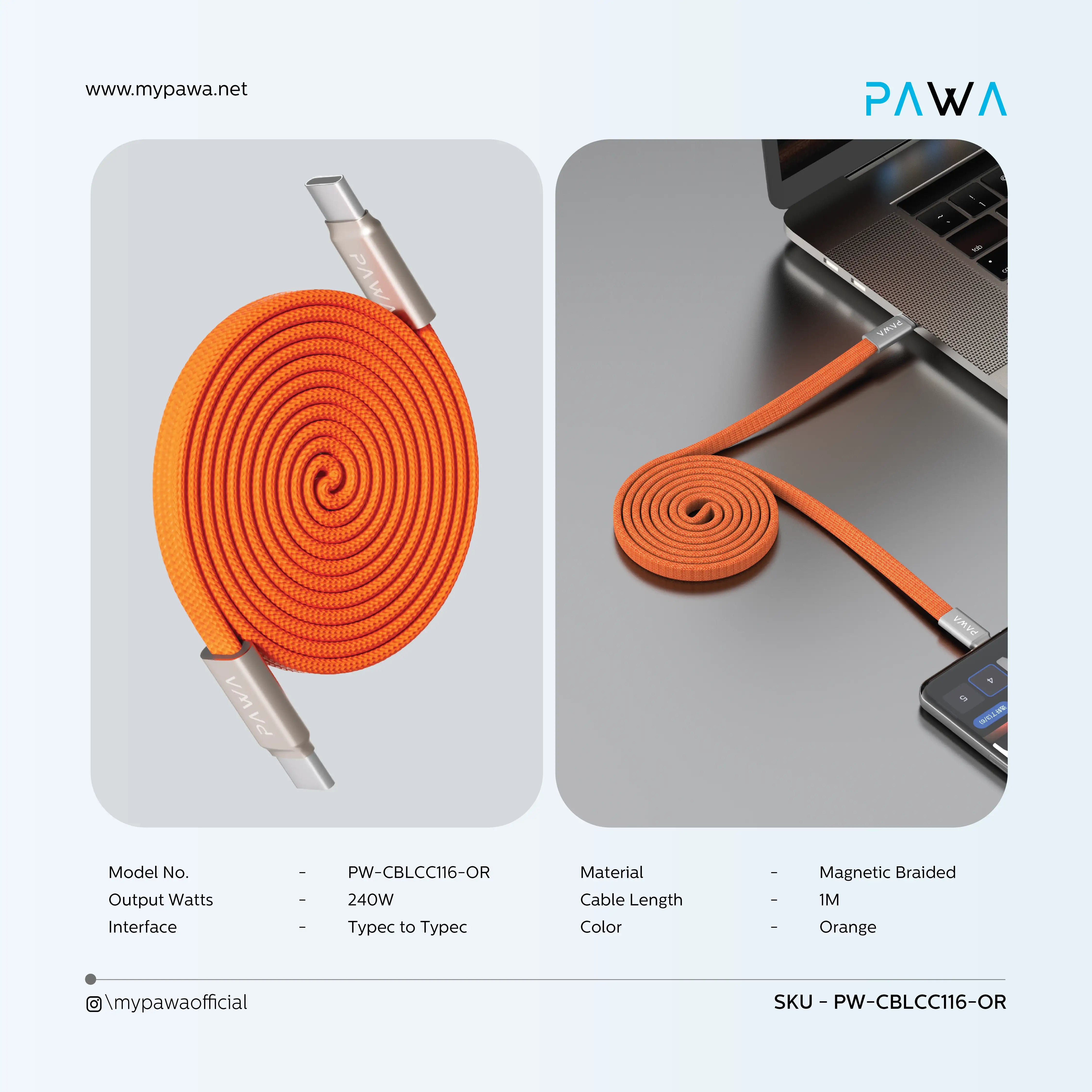 PAWA Ignitesync Typec To Typec Magnetic Braided Cable - 240W - Orange