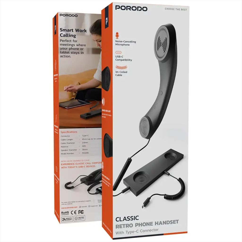 Porodo Classic Retro Phone Handset With Type-C Connector [O] - سماعة اذن - مع مايكروفون - تايب سي - فردة احادية - كفالة 24 شهر