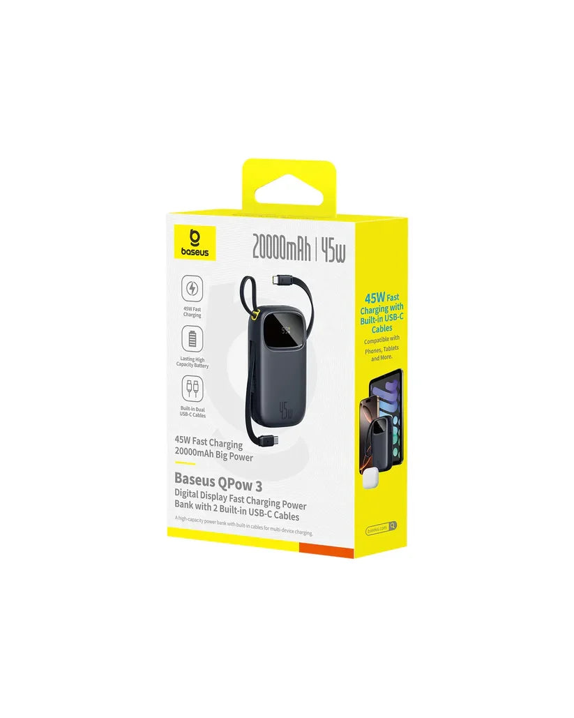 Baseus FC31 Power Bank 20000mAh 45W with 2 USB-C Cables – Black [D] بطارية متنقلة - بيسوس - سعة 20000 - عدد 2 سلك شاحن تايب سي - شاشة رقميه - قوة 45 واط - كفالة 24 شهر