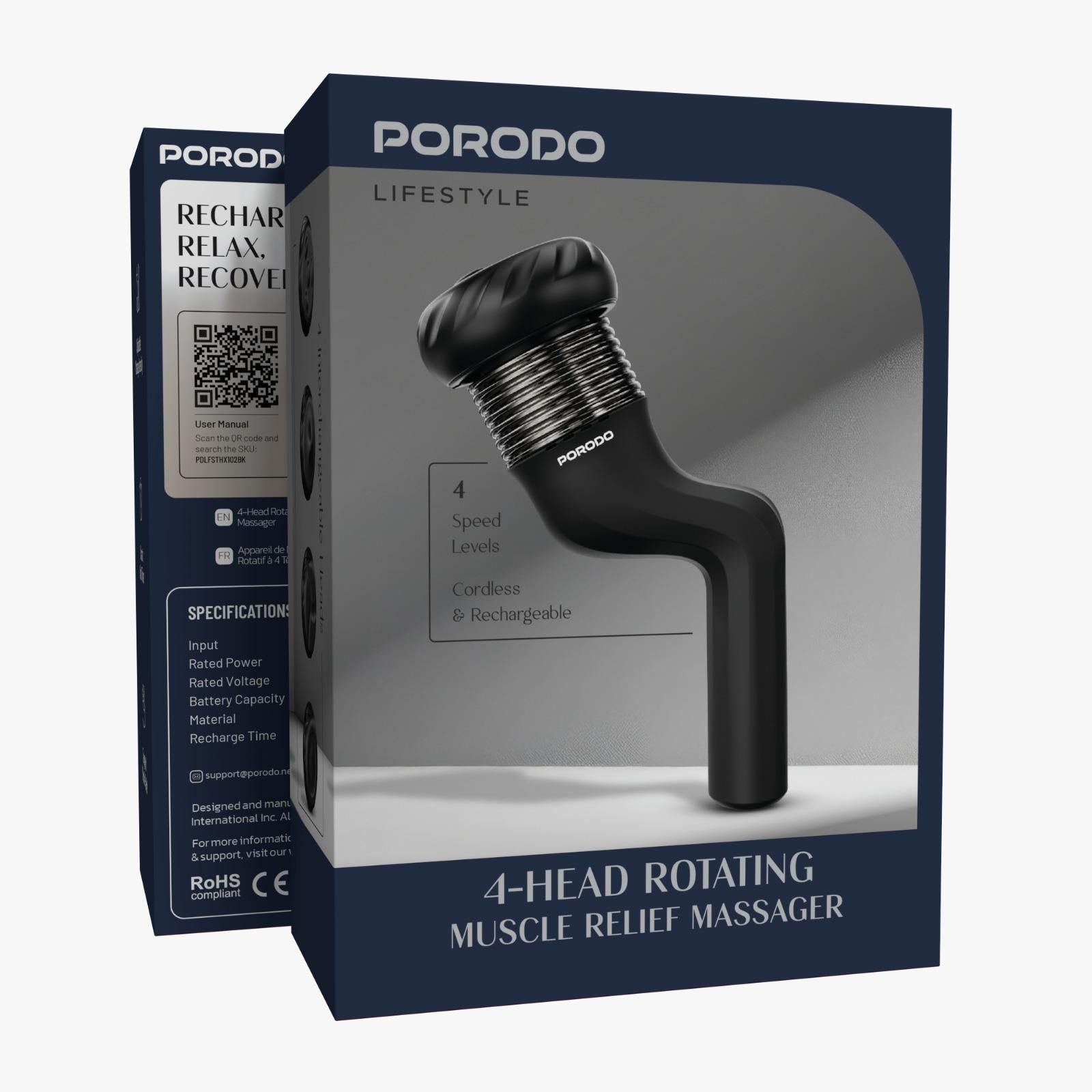 Porodo Lifestyle 4-Head Rotating Design Muscle Relief Massager [O] - مدلك تخفيف العضلات 4 رؤوس دوارة بورودو لايف ستايل - أسود - كفالة 24 شهر