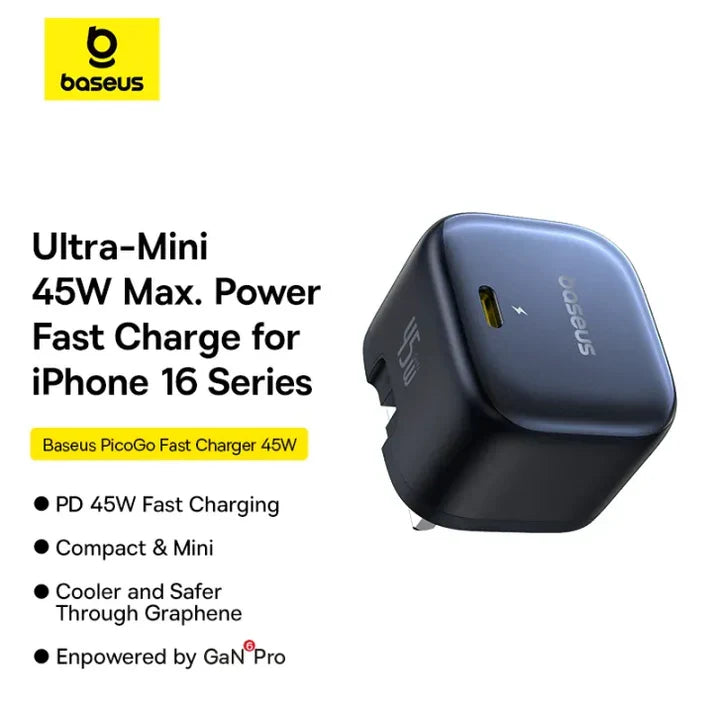 Baseus PicoGo AE11 GaN 45W Fast Charger – Black (UK) [D] - شاحن حائط  - قوة 45 واط - بيسوس - تايب سي