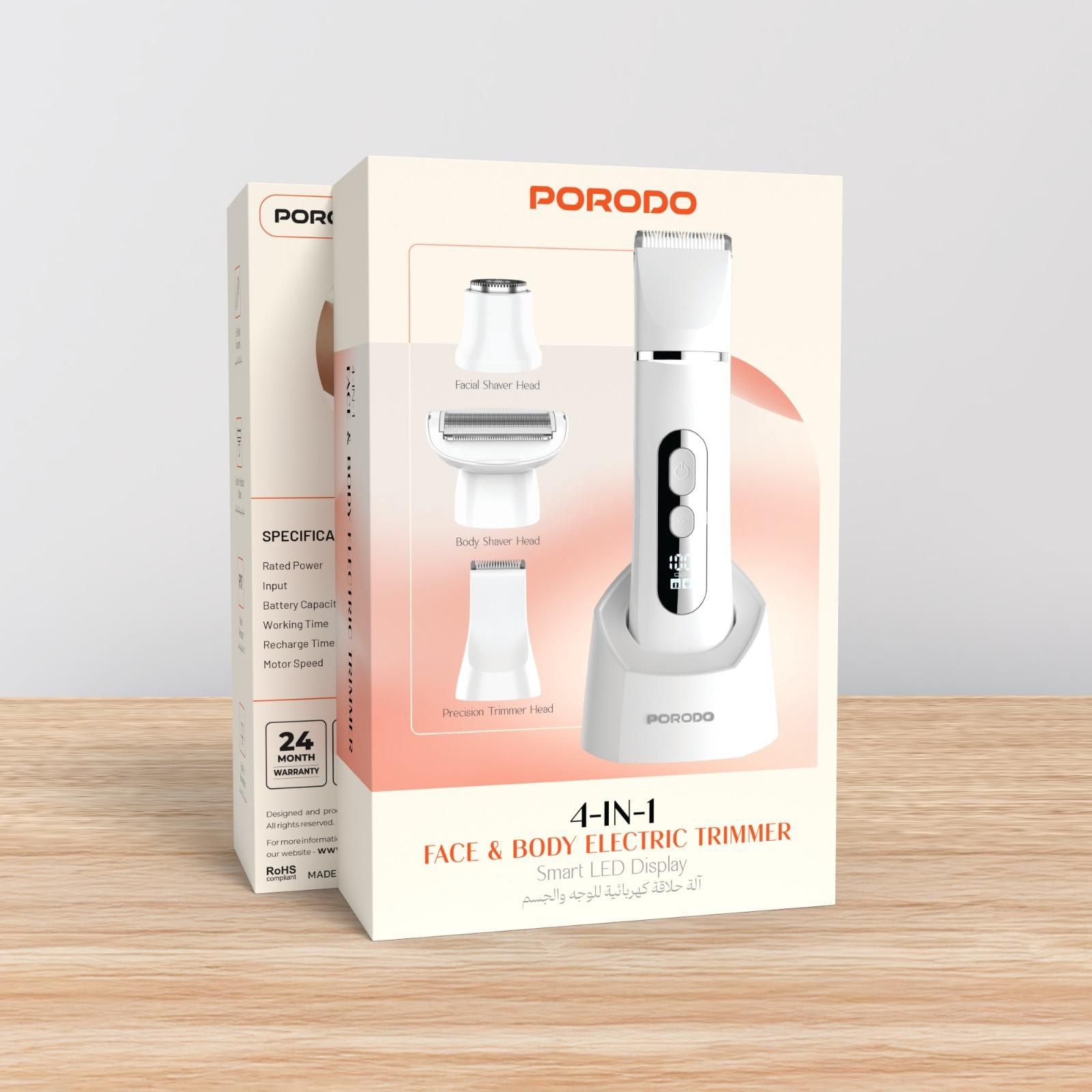 Porodo 4-In-1 Face & Body Electric Trimmer Smart Led Display [O] -  ماكينة حلاقة ذات الشفرتين - تصفيف دقيق وتحديد الحواف - كفالة 24 شهر