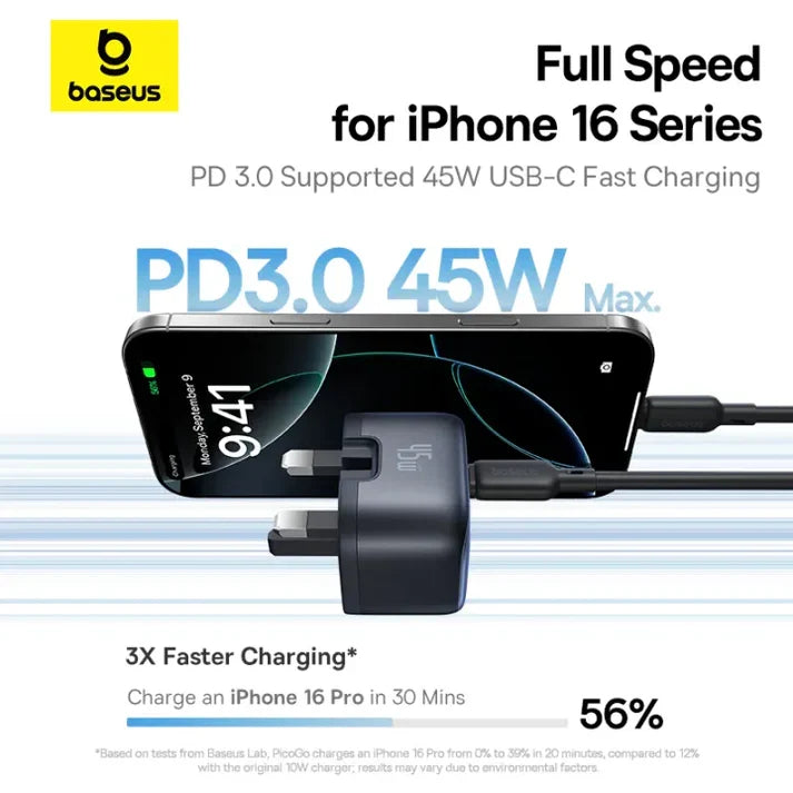 Baseus PicoGo AE11 GaN 45W Fast Charger – Black (UK) [D] - شاحن حائط  - قوة 45 واط - بيسوس - تايب سي