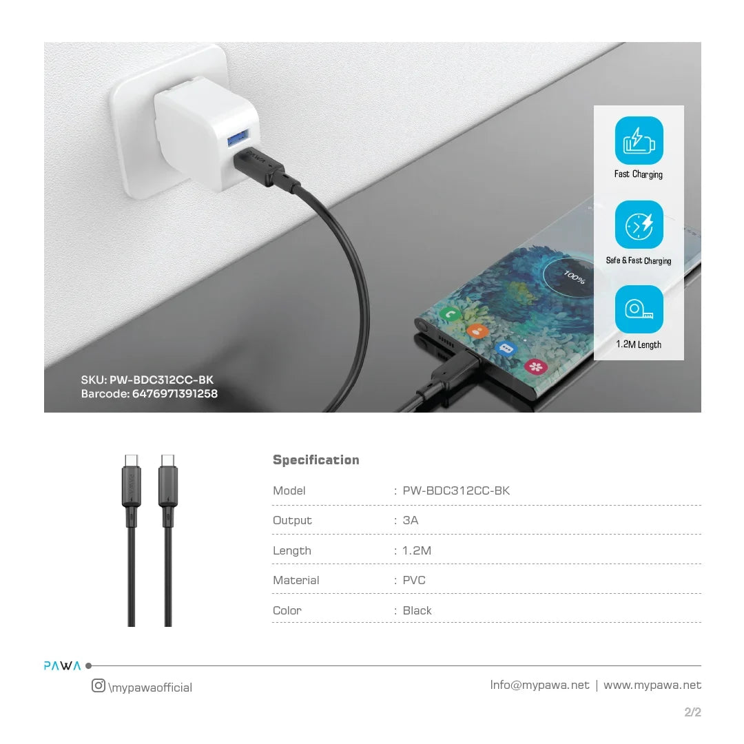 PAWA 3A USB-C TO USB-C Quick Charging - 1.2m - Black
