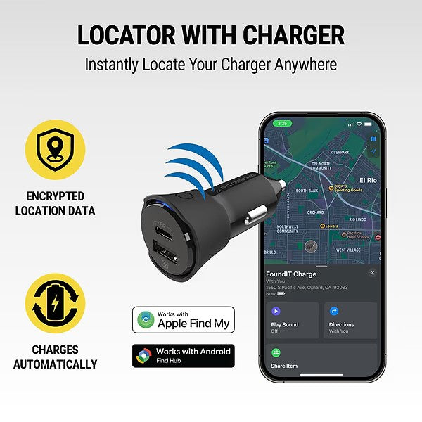 Scosche FoundIT™ Pro Finder - 32W USB-C®/ USB-A® Charger & Locator for Android & iOS - شاحن سيارة - خاصية التتبع للاندرويد والايفون - سكوشي  - منفذ يو اس بي + منفذ تايب سي  - قوة 32 واط - كفالة 12 شهر