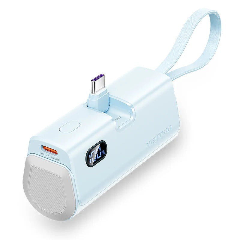 Vention Power Bank LED Display 4800mAh (USB-C + Lightning + USB-C) 22.5W Foldable USB-C Type Blue [V] - بطارية متنقلة - مع شاحن تايب سي + شاحن ايفون - سعة 4800 ألاف مللي امبير + شاشة رقميه - لأجهزة الاندرويد والايفون - كفالة 12 شهر