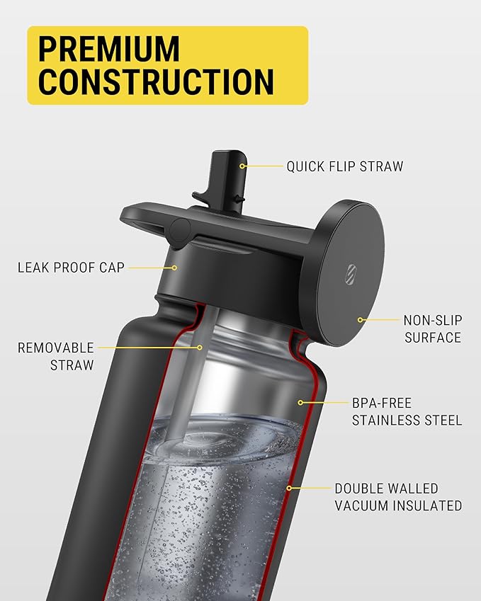 Steel Insulated Water Bottle with Magnetic Cell Phone Holder and Tripod Phone Mount Stand Compatible w/ MagSafe - Black [V] - مطارة حافظة للحرارة - ستاند ماغ سيف - سكوشي