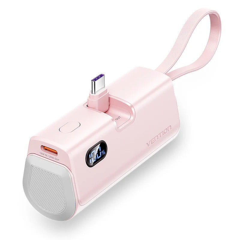 Vention Power Bank LED Display 4800mAh (USB-C + Lightning + USB-C) 22.5W Foldable USB-C Type Pink [V] - بطارية متنقلة - مع شاحن تايب سي + شاحن ايفون - سعة 4800 ألاف مللي امبير + شاشة رقميه - لأجهزة الاندرويد والايفون - كفالة 12 شهر