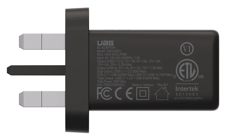 UAG Wall Charger SRGE 65W 3Port UK - Black [V] - بلاك شاحن حائط - فتحتين تايب سي - فتحة يو اس بي - قوة 65 واط - كفالة 12 شهر