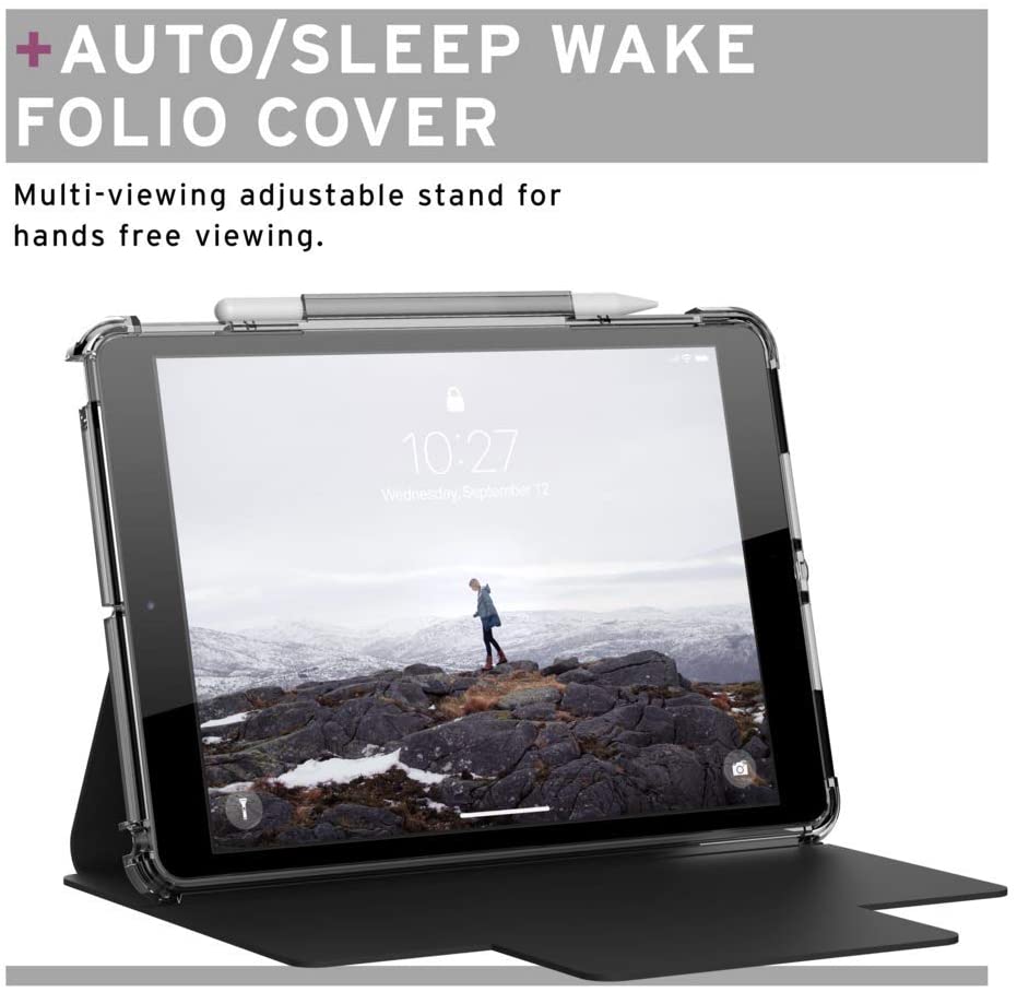 [U] by UAG Apple iPad 10.2/10.5" (7th, 8th & 9th Gen) Lucent Case Black/Ice [V] - كفر ايباد حماية عالية + ستاند + مكان للقلم