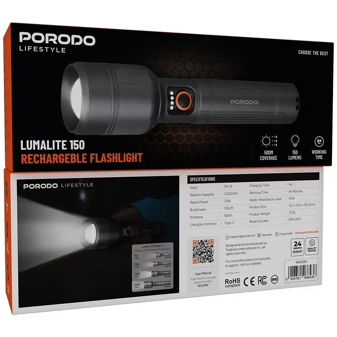Porodo PDFL5102GY Lumalite 2500 – High-Power Rechargeable Flashlight [O]- كشاف  – قوة إضاءة عالية للمغامرات الثقيلة - كفالة 24 شهر
