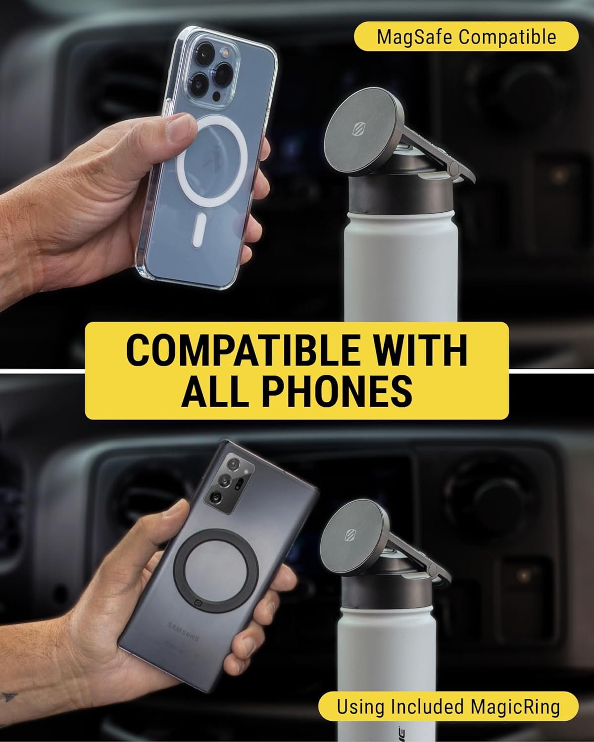 Steel Insulated Water Bottle with Magnetic Cell Phone Holder and Tripod Phone Mount Stand Compatible w/ MagSafe - White [V] - مطارة حافظة للحرارة - ستاند ماغ سيف - سكوشي
