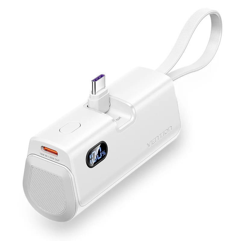 Vention Power Bank LED Display 4800mAh (USB-C + Lightning + USB-C) 22.5W Foldable USB-C Type White [V] - بطارية متنقلة - مع شاحن تايب سي + شاحن ايفون - سعة 4800 ألاف مللي امبير + شاشة رقميه - لأجهزة الاندرويد والايفون - كفالة 24 شهر