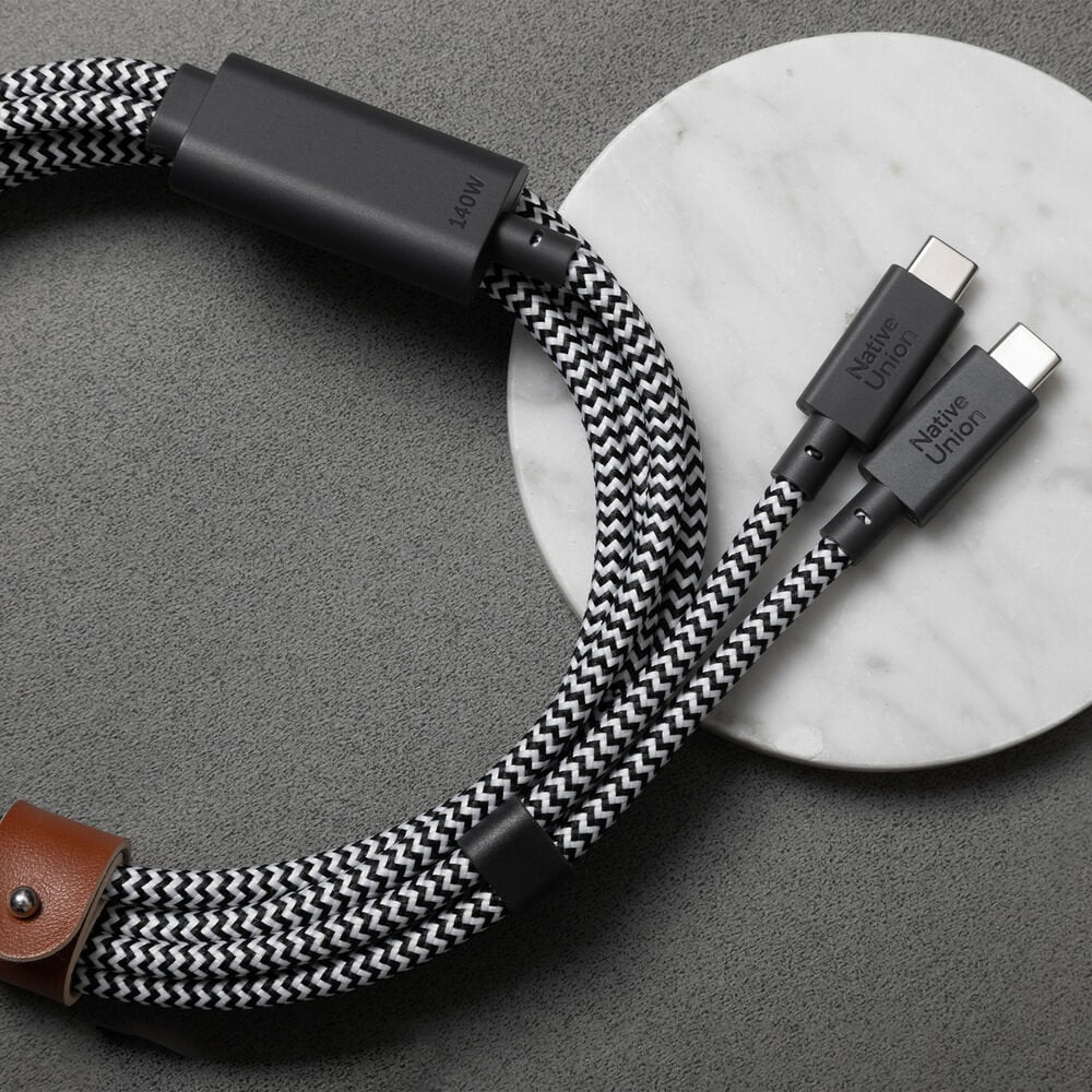 Native Union Belt Cable C TO 2C - 2M 140W Zebra [V] - سلك شحن تايب سي - نيتف يونيون - قوة 140 واط - مقاوم للقطع - 2 متر - كفالة 12 شهر