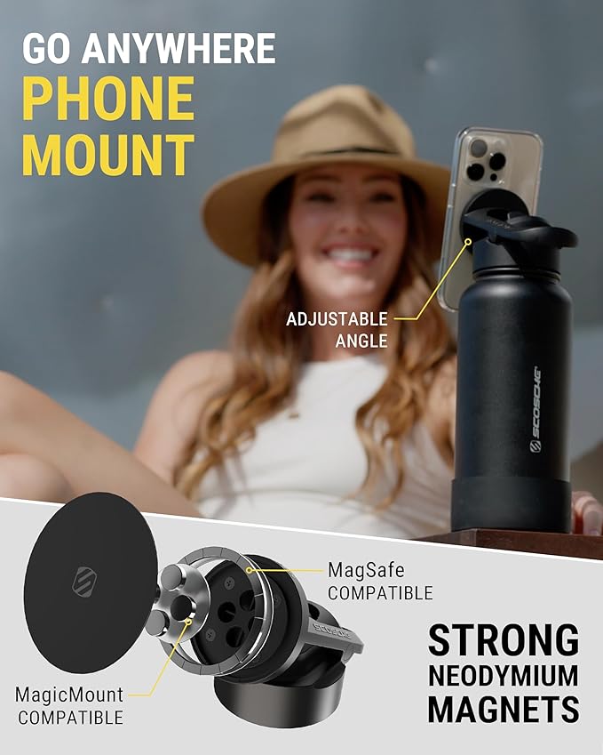 Steel Insulated Water Bottle with Magnetic Cell Phone Holder and Tripod Phone Mount Stand Compatible w/ MagSafe - Black [V] - مطارة حافظة للحرارة - ستاند ماغ سيف - سكوشي