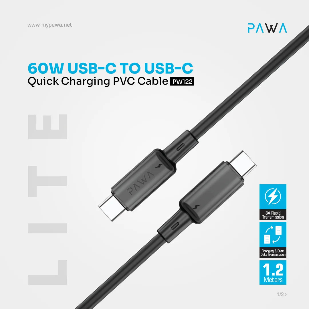 PAWA 3A USB-C TO USB-C Quick Charging - 1.2m - Black