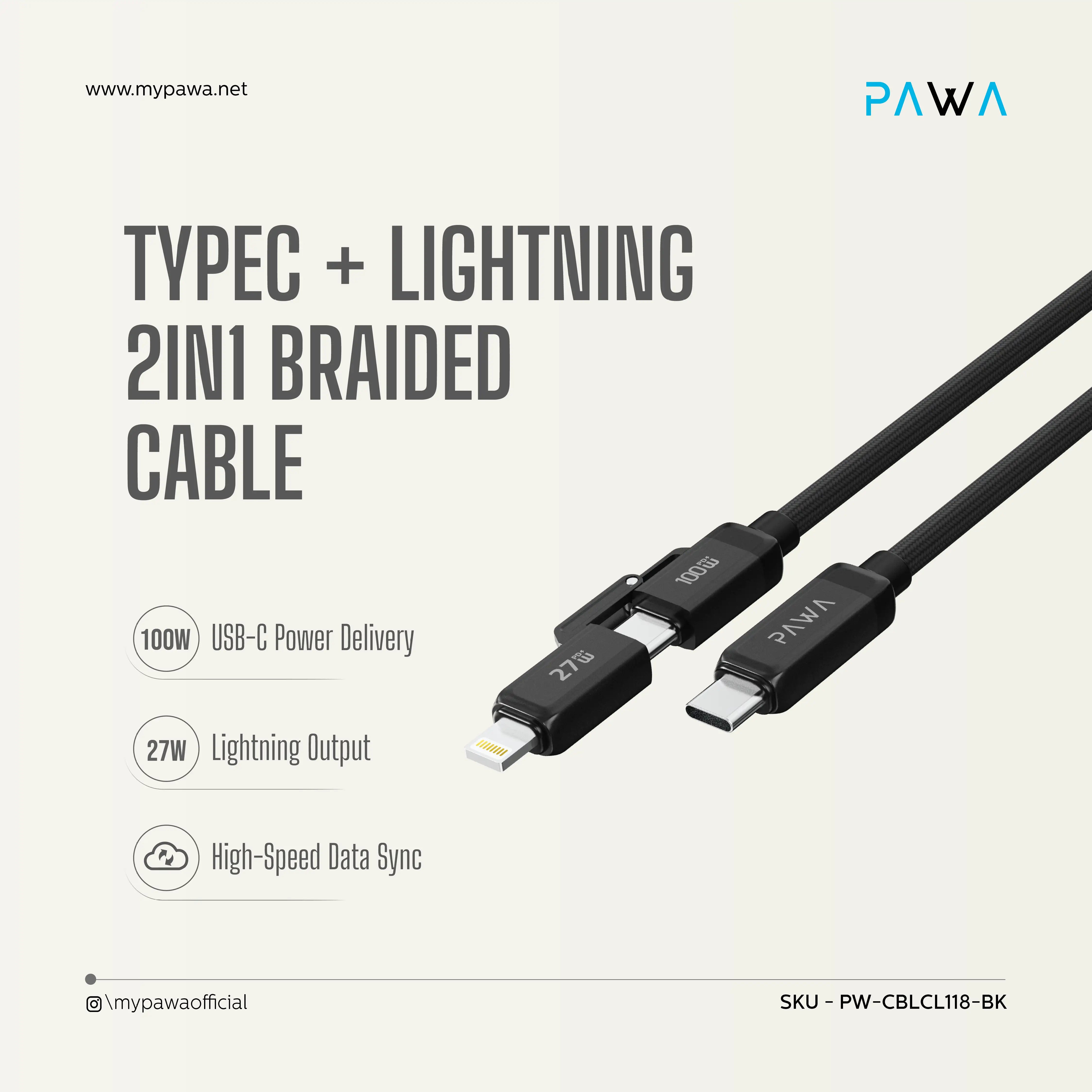PAWA Dualpulse Typec + Lightning 2in1 Braided Cable