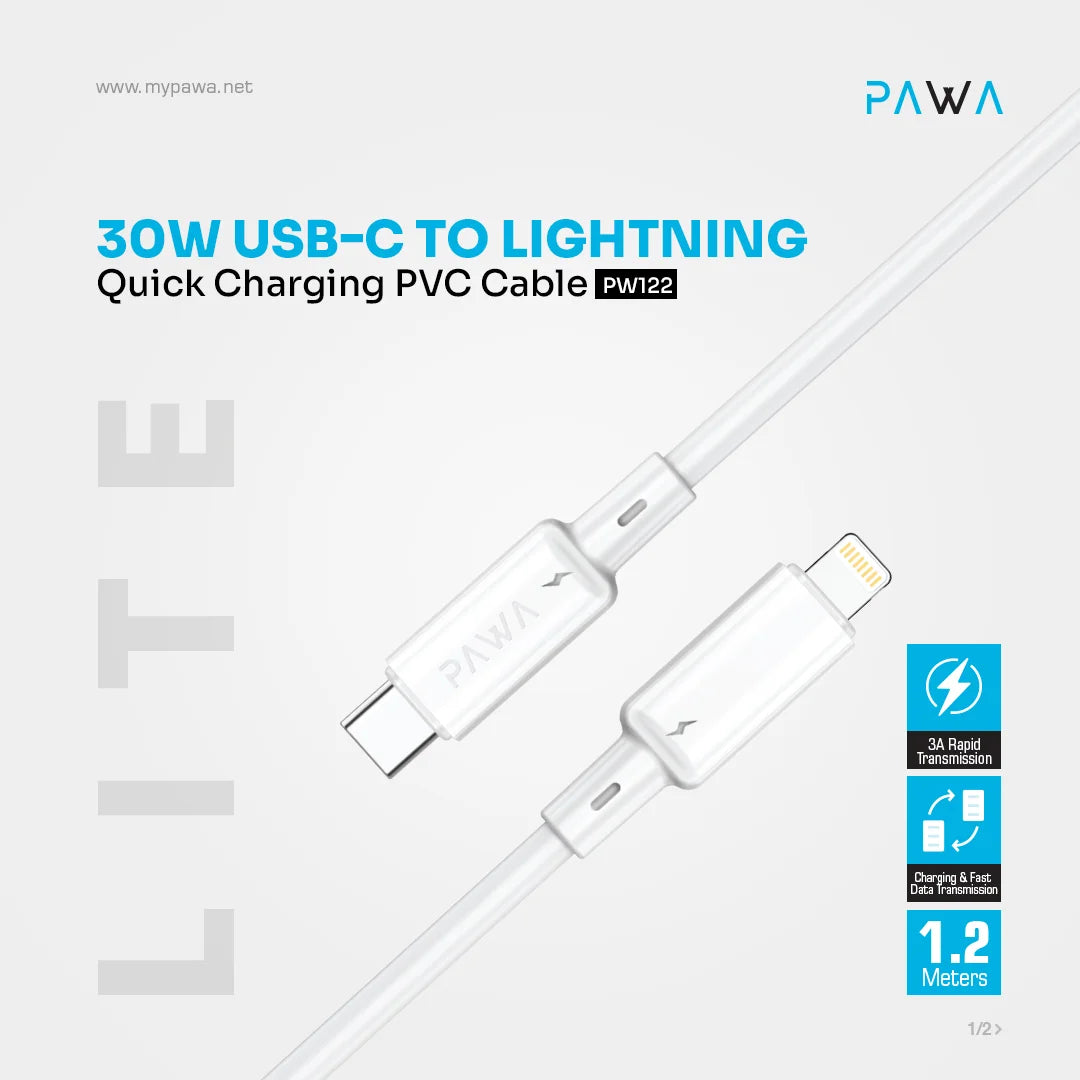PAWA 3A USB-C TO Lightning Quick Charging - 1.2m - White