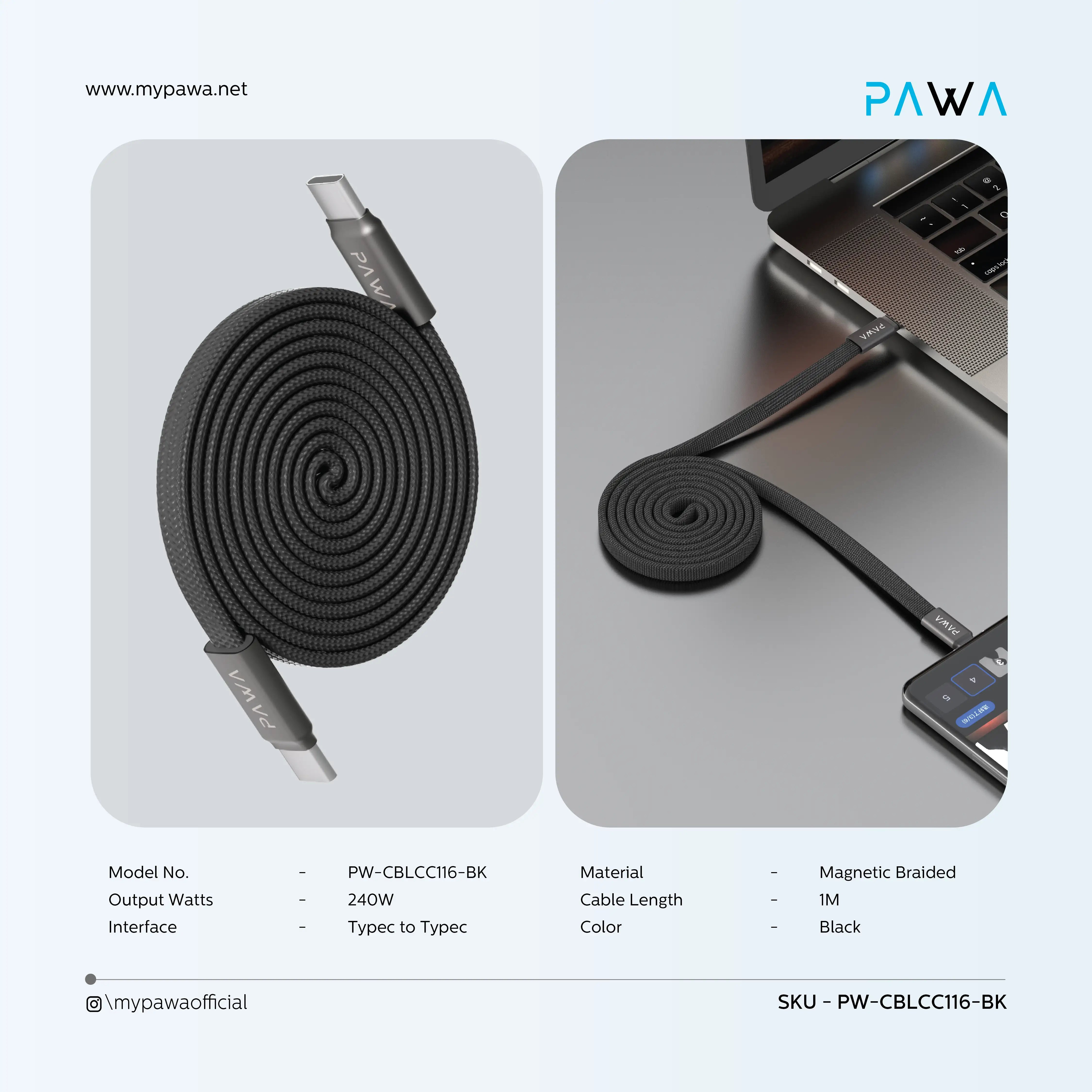 PAWA Ignitesync Typec To Typec Magnetic Braided Cable - 240W - Black