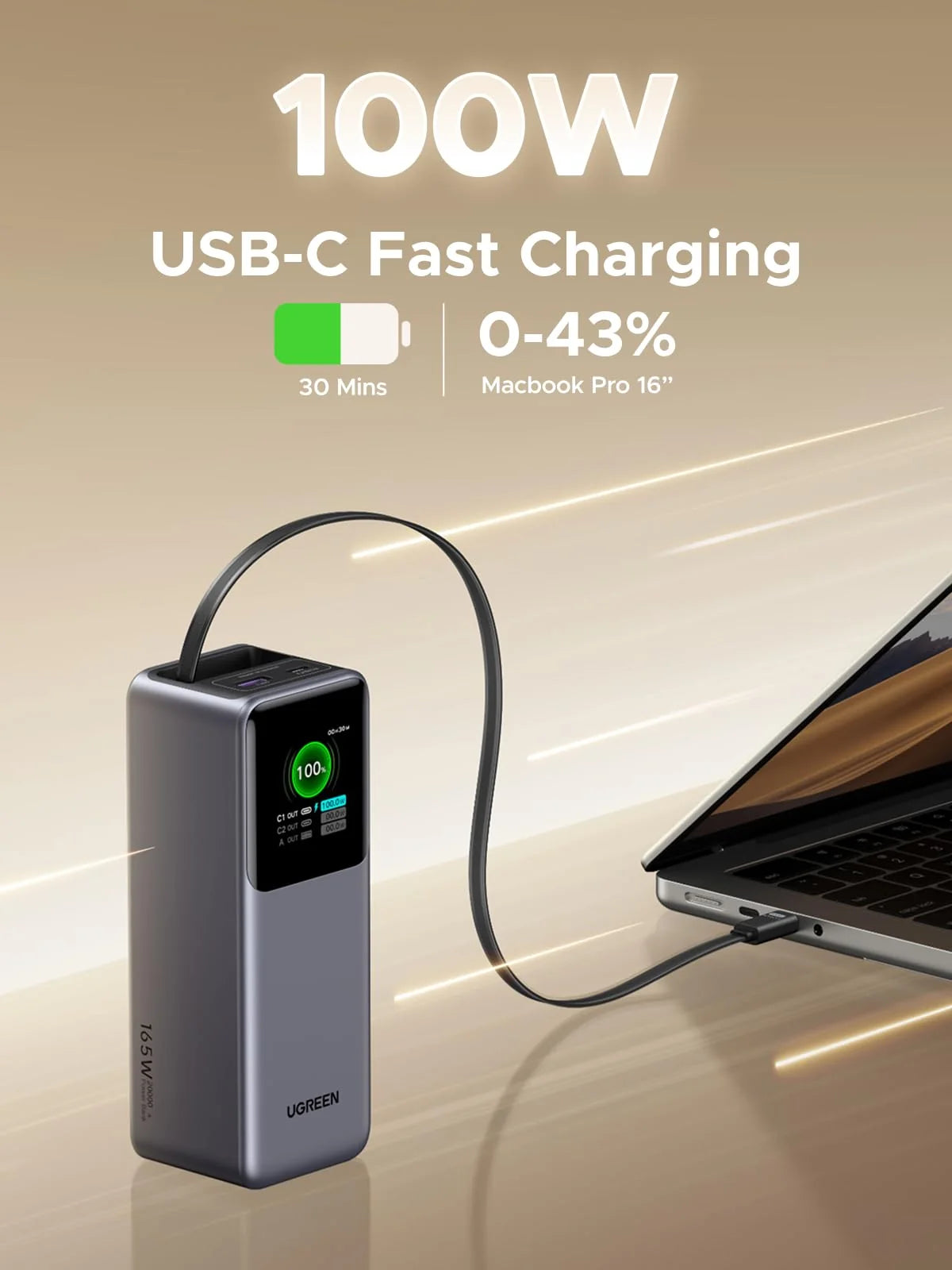 UGREEN Nexode Power Bank 20000mAh 165W with Retractable USB-C Cable